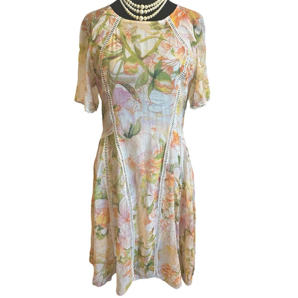 YUJA Floral Midi Dress Ladder Lace Pom Trim Large